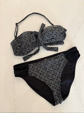 Simons Black Bandeau Bikini Set with White Pattern Accents size M/L - see note